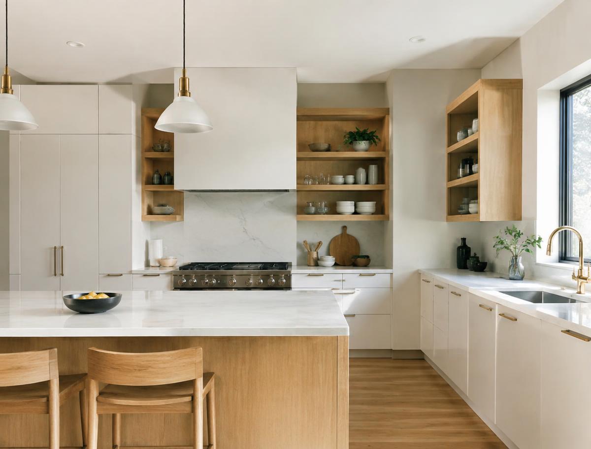 Modern kitchen with custom cabinetry and warm oak open shelving