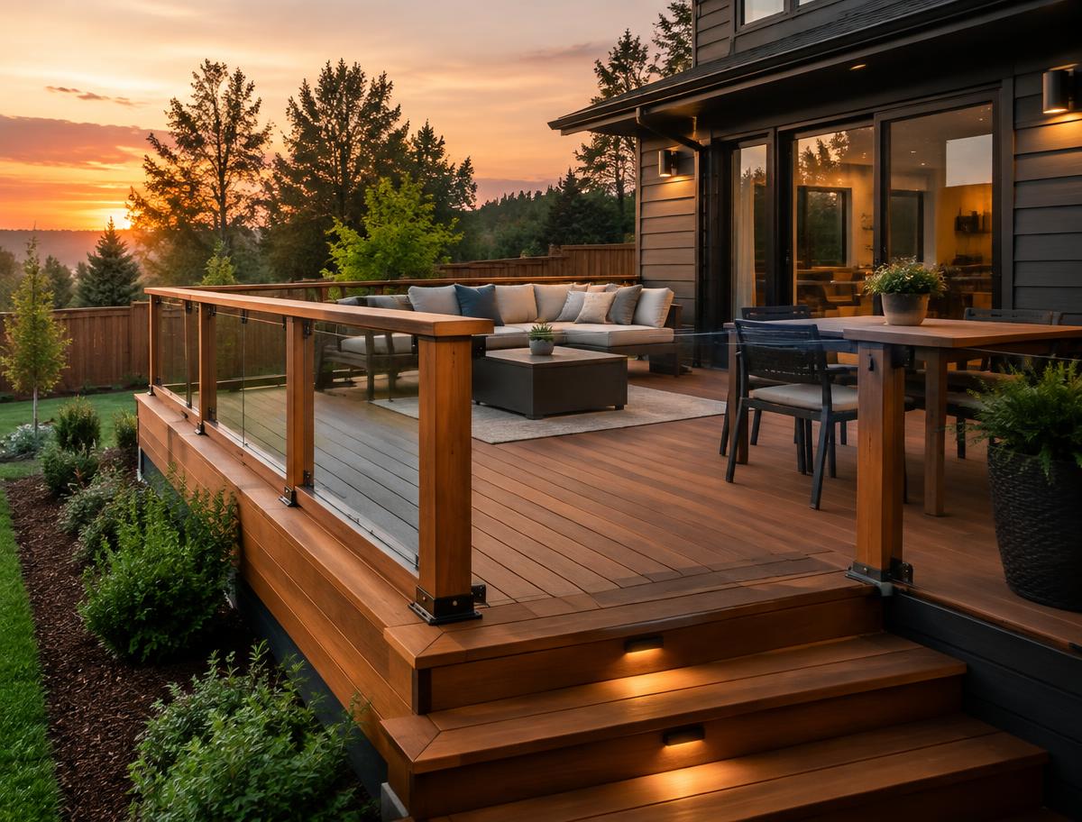 Backyard cedar deck with glass railing at sunset