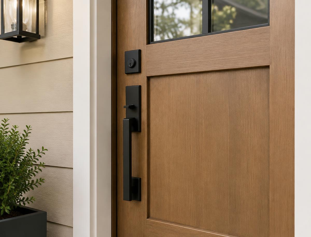 Newly installed exterior door with matte black handle hardware