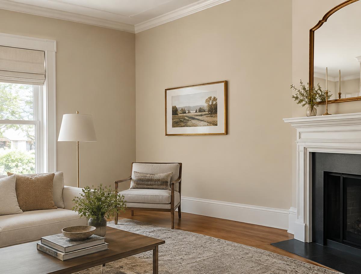 Freshly painted warm neutral living room with clean white trim
