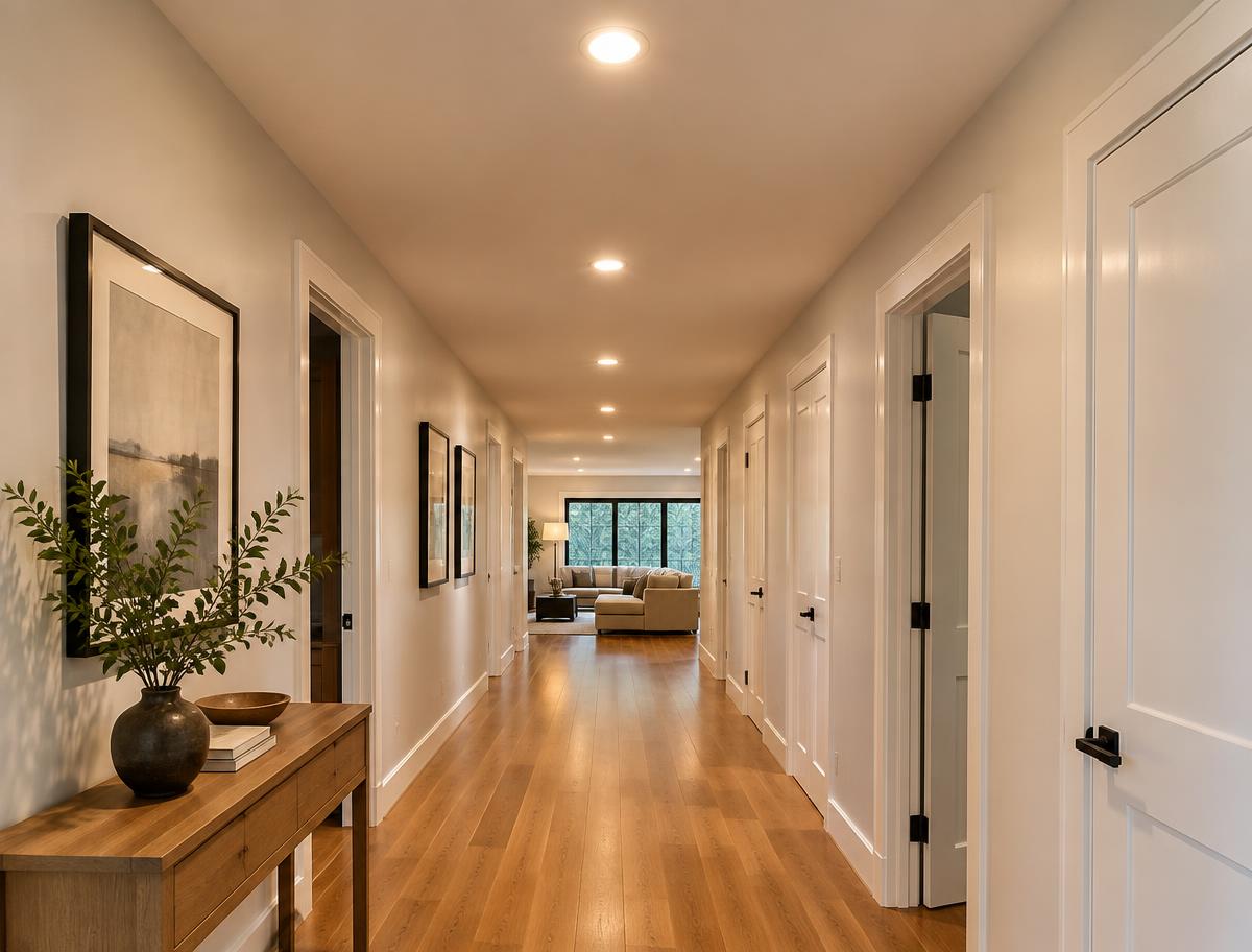 Hallway ceiling with evenly spaced recessed pot lights