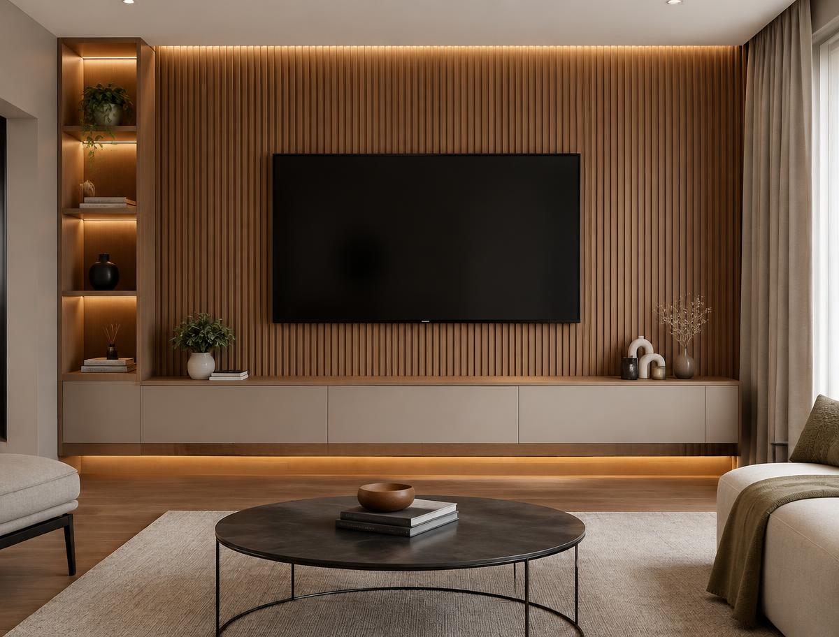 Mounted television on a warm wood slat feature wall with concealed cables